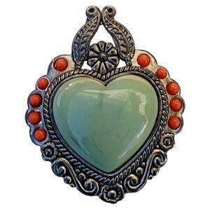 Puffy Glass Heart Pendant Brooch Pin 2" Silver Tone Heavy Beautiful Lovecore
